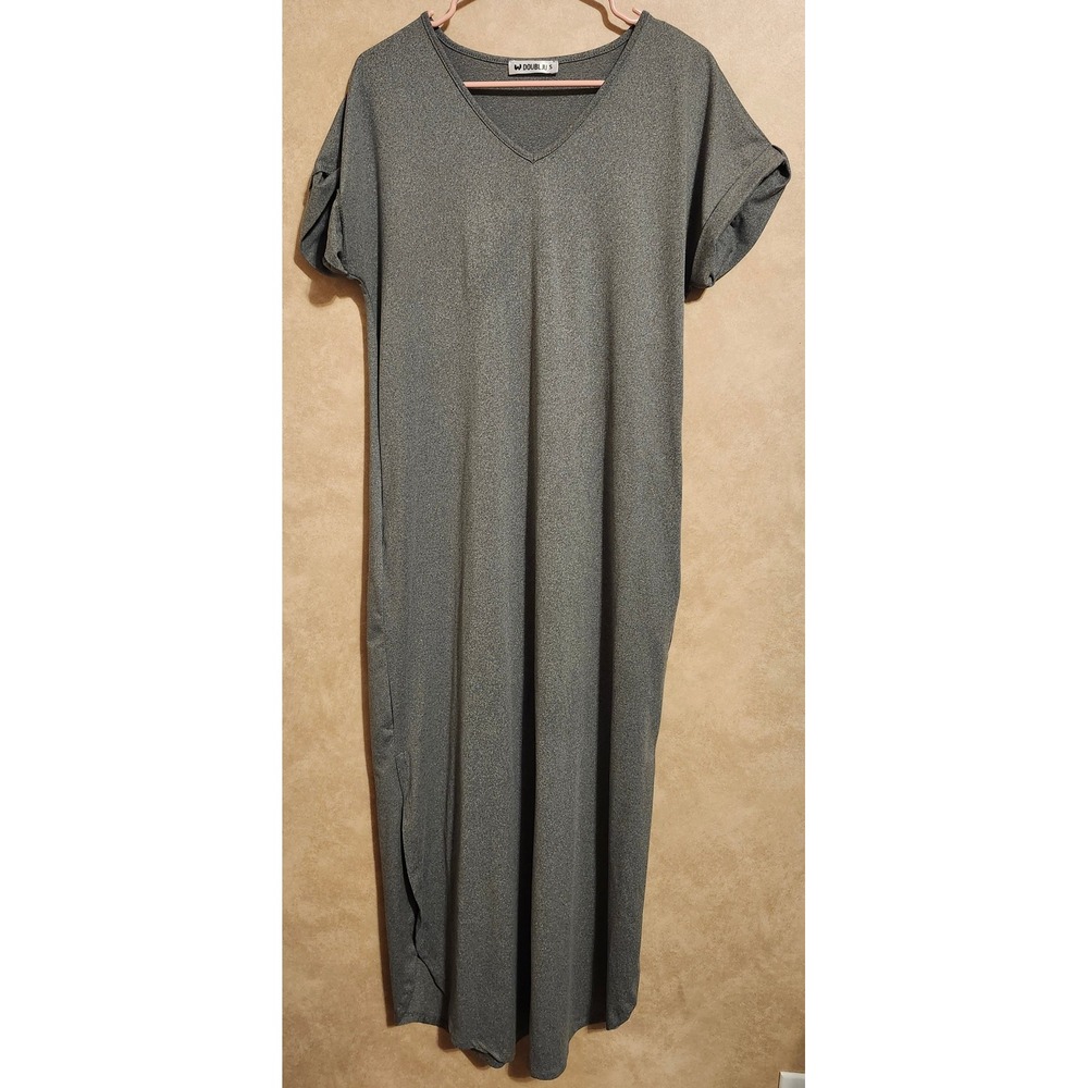 Doublju Womens Gray V-Neck Short Sleeve Maxi Dress with Side Slits CWDMD141 S